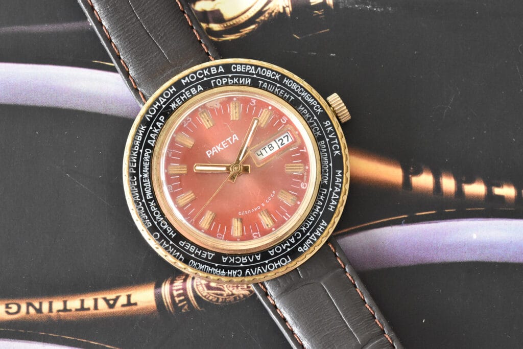 Raketa World Time "Goroda" Bordeaux Dial Gold-Plated 4